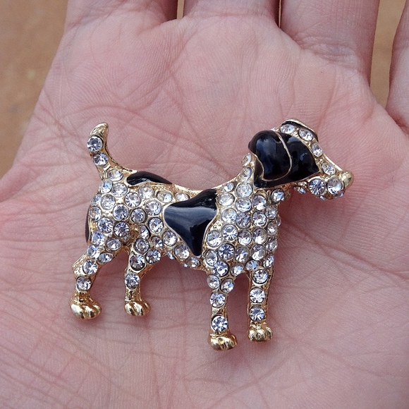 Black & White Enamel Gold Tone Clear Rhinestone Jewel Preppy Dog Brooch Pin - Picture 6 of 8
